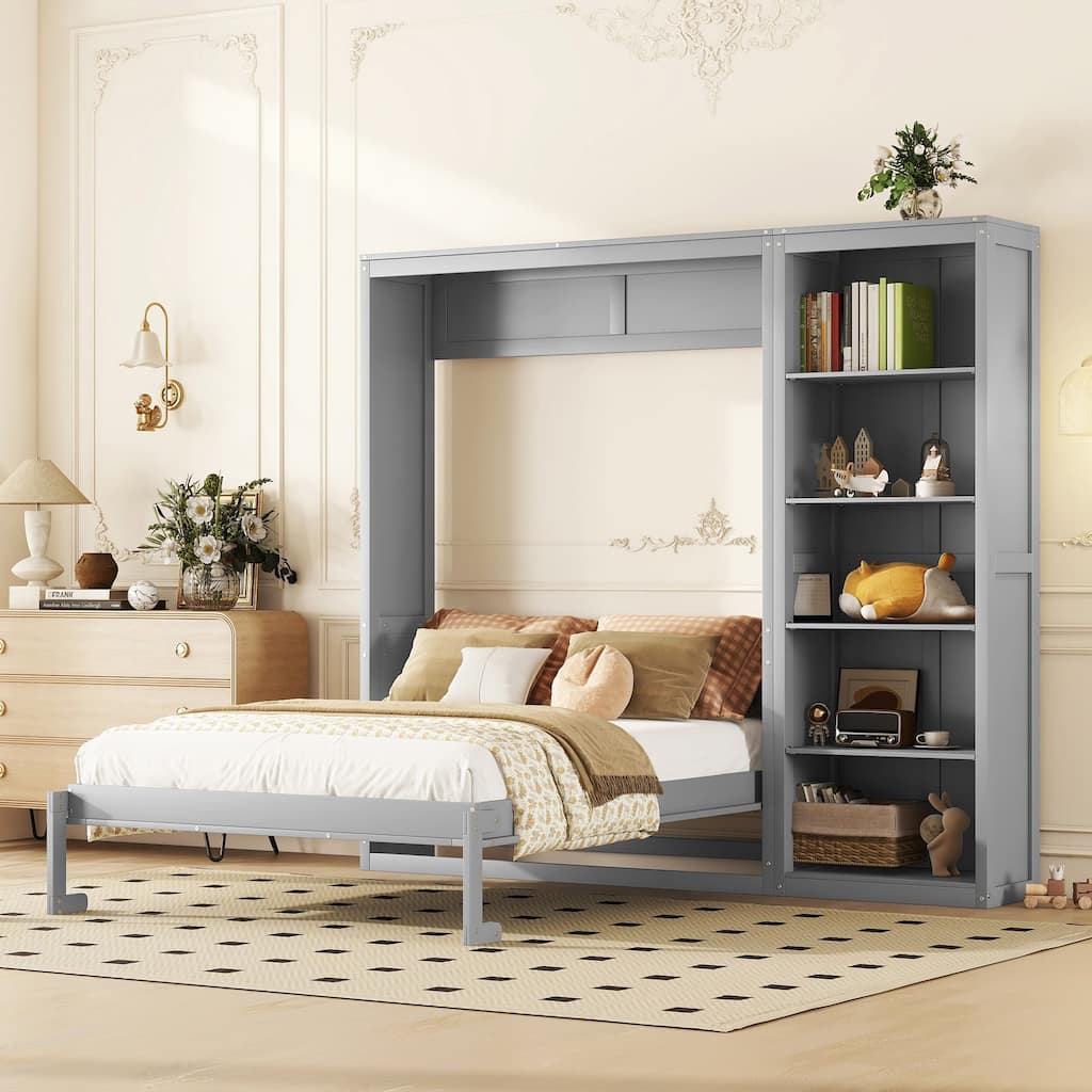 Space-Saving Queen Size Wall Bed with Shelves and Flexible Slats, Gray