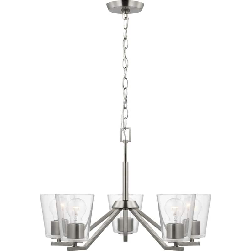 Vertex Collection Five-Light Brushed Nickel Clear Glass Contemporary Chandelier - 22.5 in x 22.5 in x 15.25 in