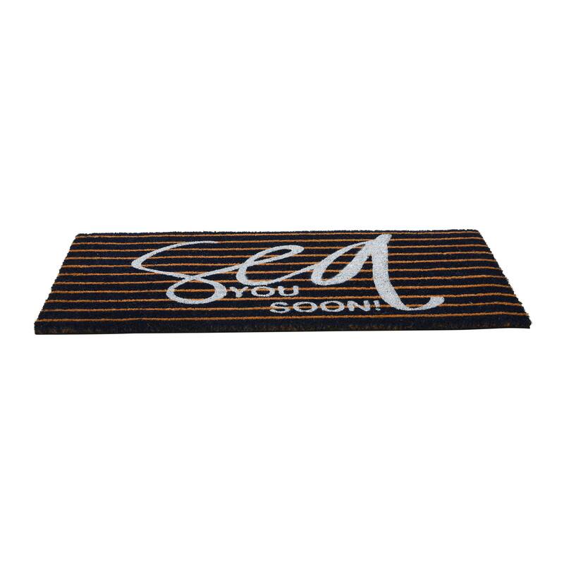 Coir Entry Doormat "Sea You Soon" with non-slip liner backing, Brown & White Stripe Design