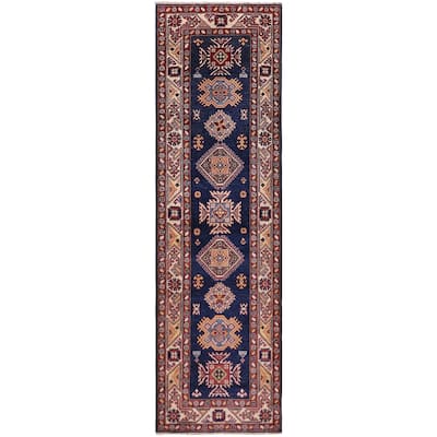 Caucasian Super Kazak Leilani Blue/Beige Hand Knotted Wool Runner - 2'9'' x 9'8''