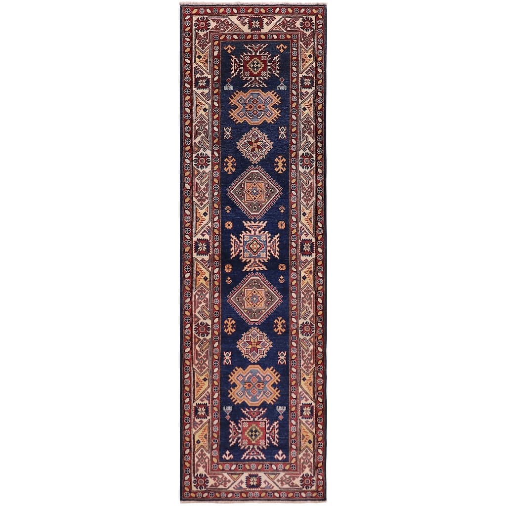 Caucasian Super Kazak Leilani Blue/Beige Hand Knotted Wool Runner - 2'9'' x 9'8''
