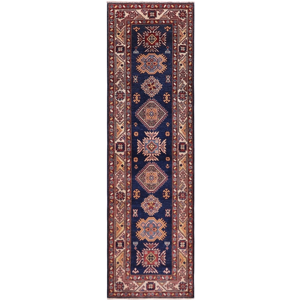 Caucasian Super Kazak Leilani Blue/Beige Hand Knotted Wool Runner - 2'9'' x 9'8''