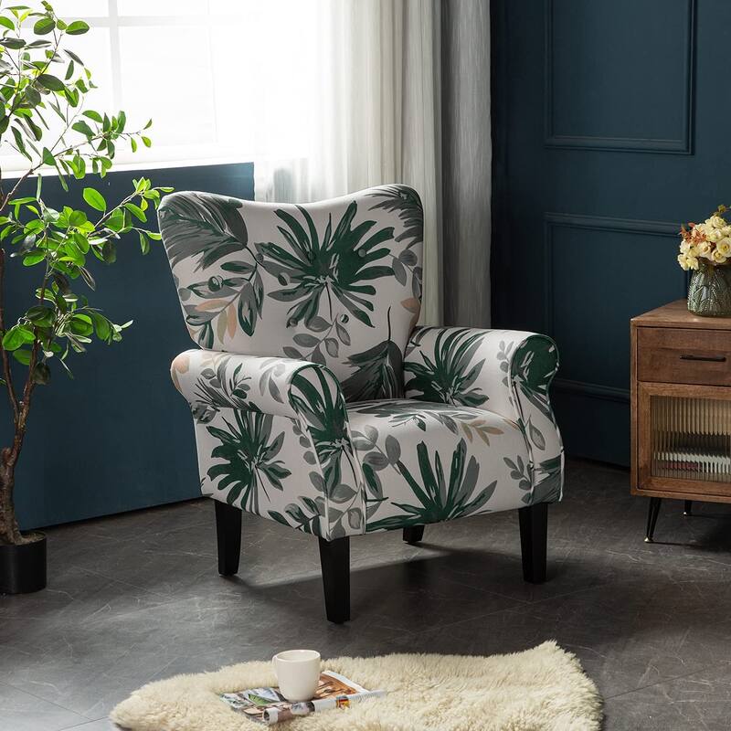 Erommy Wing back Arm Chair, Upholstered Fabric High Back Chair with Wood Legs - Leaves - Green