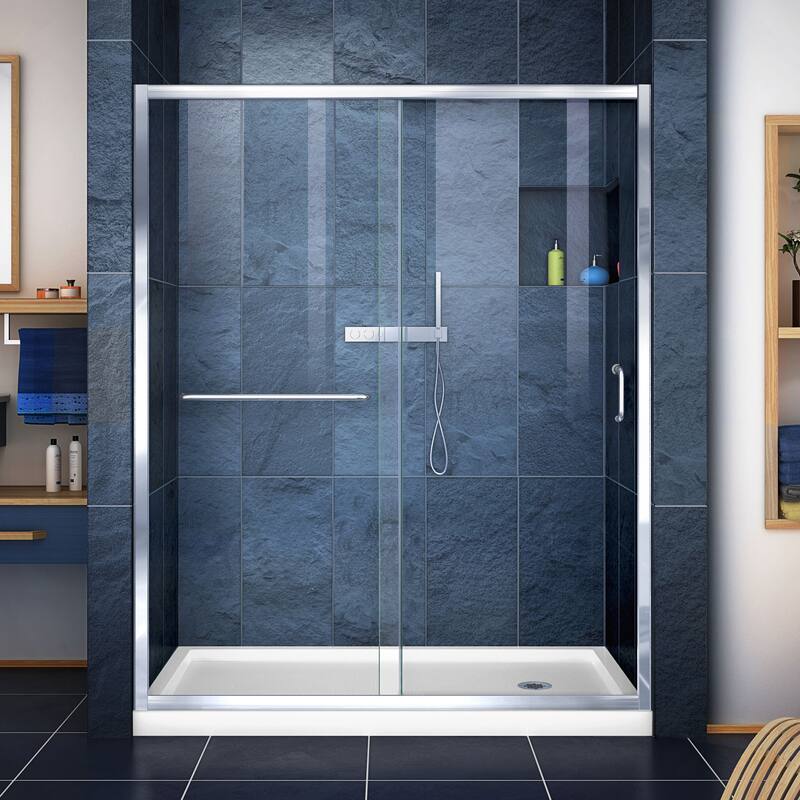 DreamLine Infinity-Z 30 in. D x 60 in. W x 74 3/4 in. H Sliding Shower Door and Shower Base Kit - Right Drain Base - Chrome, White Base, Right Drain