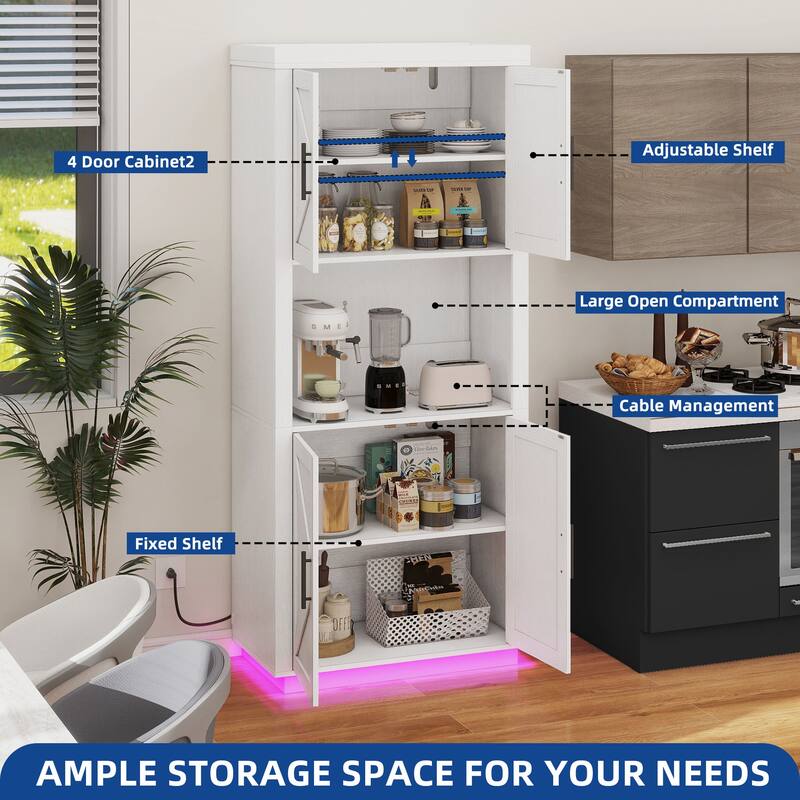 Moasis Farmhouse 71" Tall Kitchen Pantry Cabinet with Lights & Charging Station