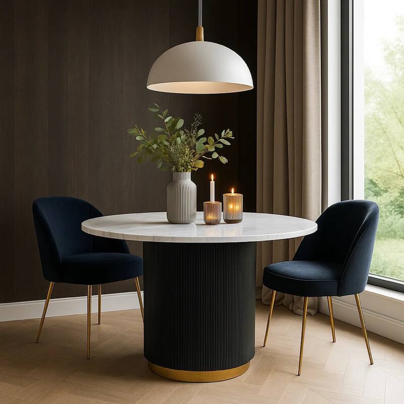 Voa Dining Table, 54 Inch Round, White Marble Top, Black Reeded Base - Black, White