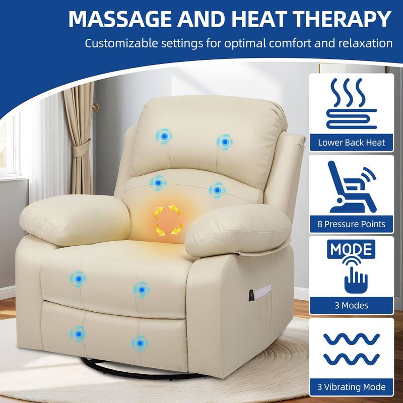 Moasis Beige Faux Leather Oversized Rocker Recliner Chair with Heat and Massage