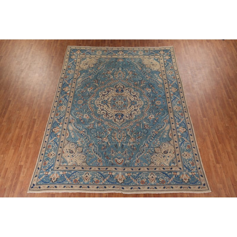 Blue Tabriz Vintage Persian Area Rug Handmade Living Room Wool Carpet - 9'8" x 12'7"