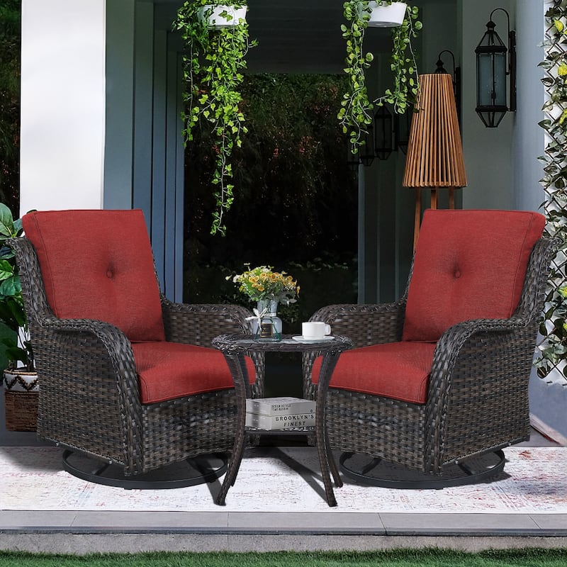 Gymojoy 3 Piece Outdoor Wicker Swivel Rocker with Cushion & Table - Brown Wicker / Red Cusion
