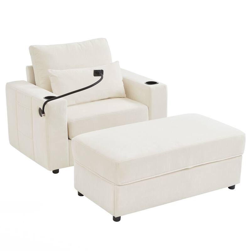 Modern Style Armchair 42.5" Chaise Lounge Sofa Couch with a Movable Storage Ottoman, Two USB Ports, Two Cup Holders