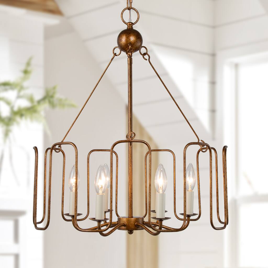 Modern Glam Vintage Gold Chandelier 6-Light Curved Lantern Wheel Cottage Pendant Lights for Kitchen Island Dining