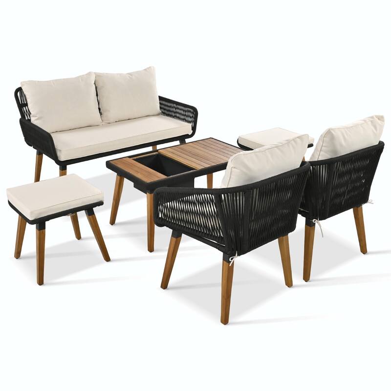 6-Piece Rope Patio Furniture Set with Acacia Wood Cool Bar Table
