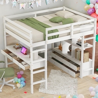 Full Size Loft Bed with Built-in Desk with Two Drawers,Shelves and Drawers,Multifunctional Loft Bed With Storage