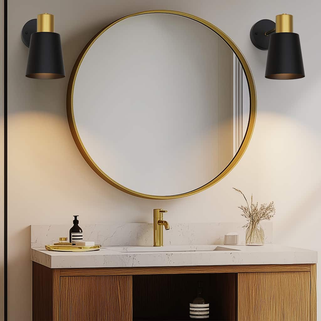 YANSUN E26 Single-Head Wall Light with Bell Shade, Rechargeable 3000mAh Battery, Infrared Remote, Black and Gold, Set of 2