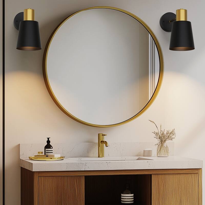 YANSUN Single-Head Bell Shade Wall Light, E26 with 3000mAh Rechargeable Battery, Infrared Remote, Black and Gold Finish,Set of 2