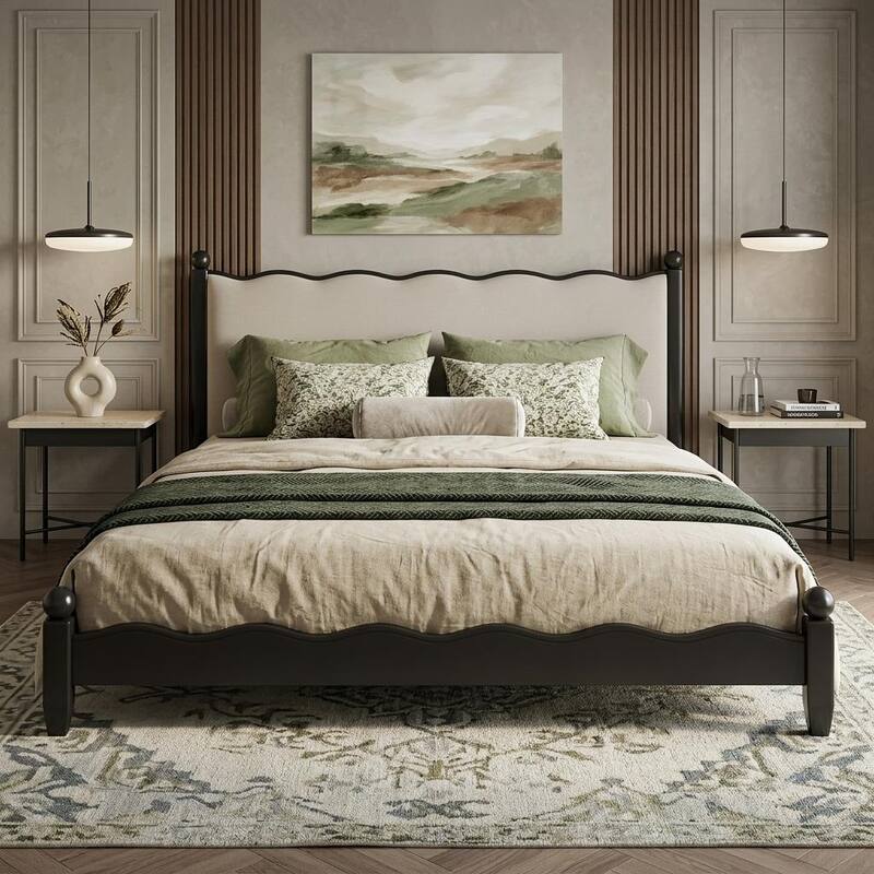 Wood Platform Bed with Upholstered Headboard by Harper&Bright Designs