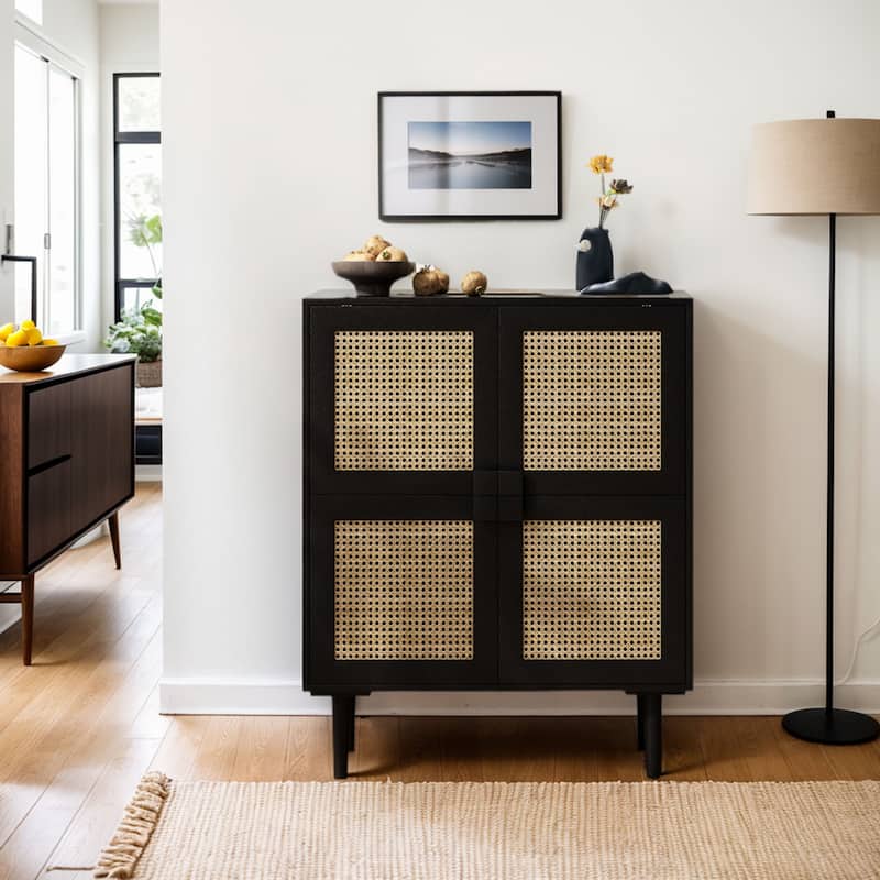Modern Storage Cabinet with Adjustable Shelves and Four Rattan Mesh Decorative Doors