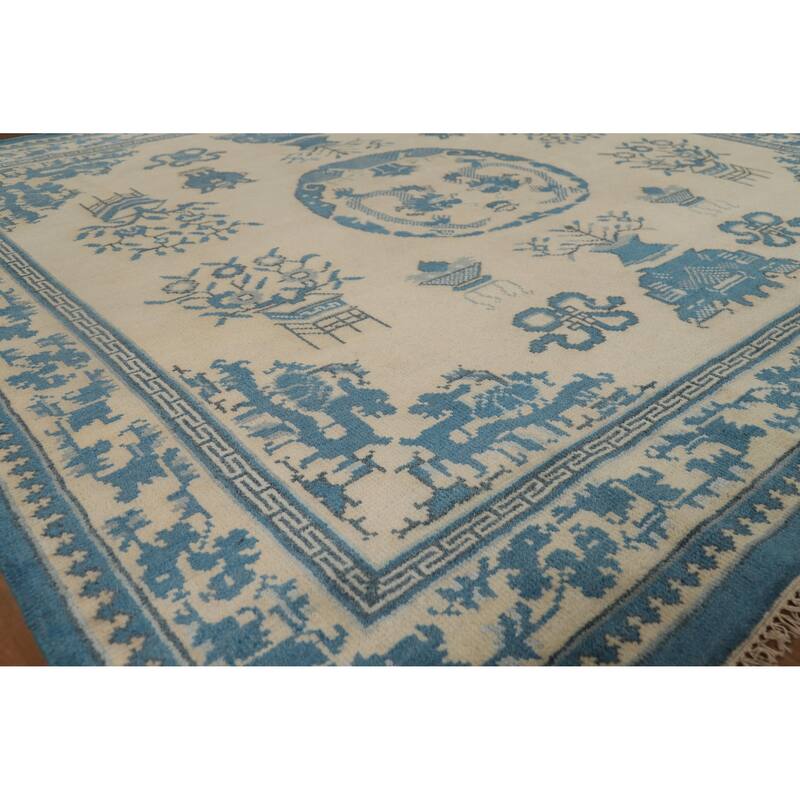 Hand Knotted Oriental 100% Wool Carpet Traditional Geometric Beige & Ivories Art Deco Area Rug - 7' 11'' X 8' 1''