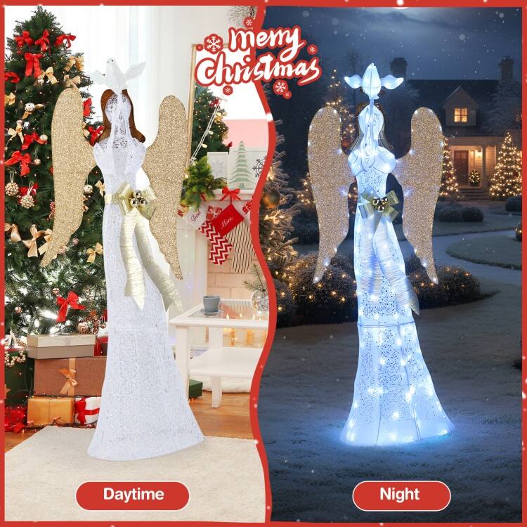 White-Gold Metal Tinsel 3D Lighted Halo Angel Christmas Decoration with 150 LED Lights - 23.5" x 12" x 5.5 ft