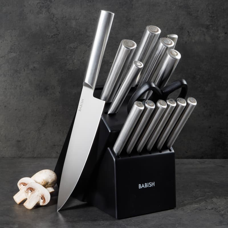 Babish High-Carbon 1.4116 German Steel 15 Piece Full Tang Forged Cutlery Block Set - Black - Silver