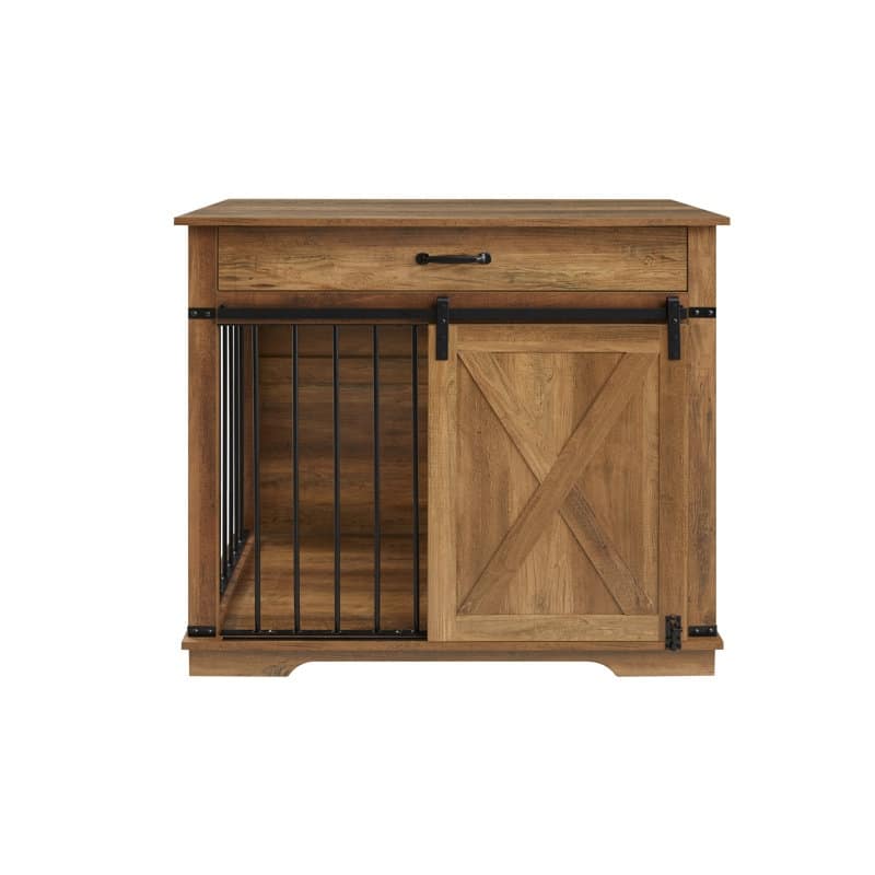 Wood Dog Crate Furniture With Barn Door And 1 Drawer