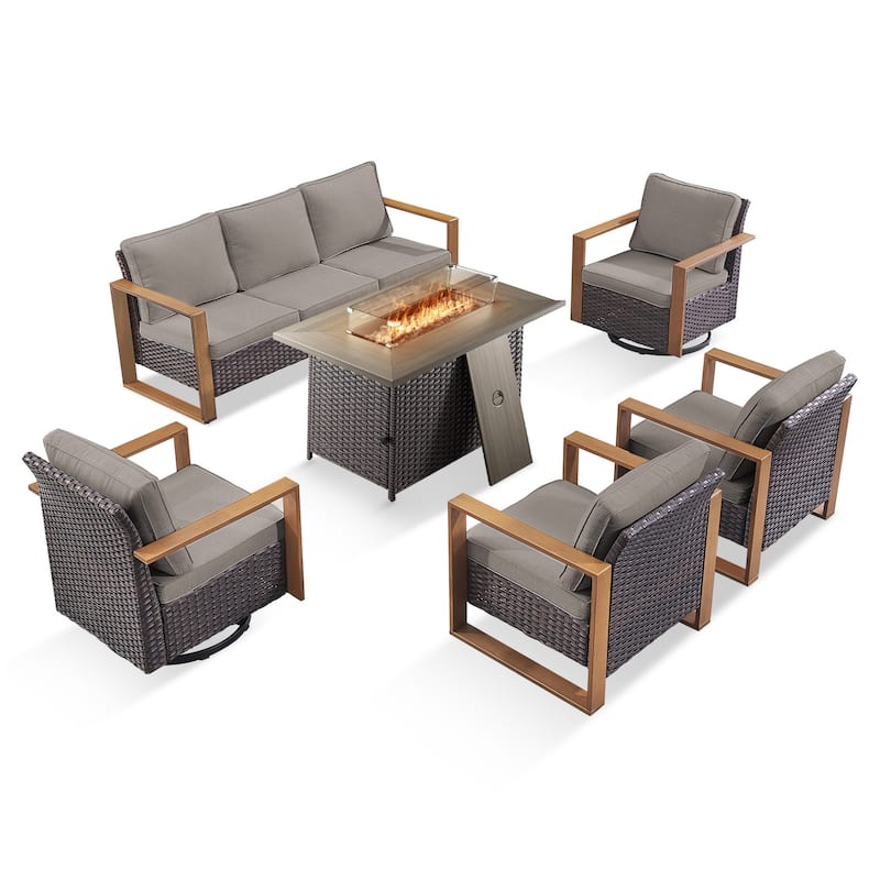 Pocassy 6 Pieces Outdoor Sofa Chair with Fire Pit Table Set