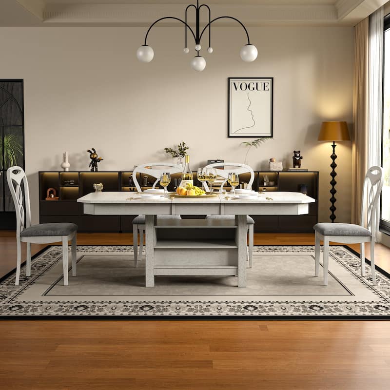 VECELO 4 to 6 Rubber Wood Extendable Dining Set with Fish Cutout Chairs with Dual Storage Upholstered Seat
