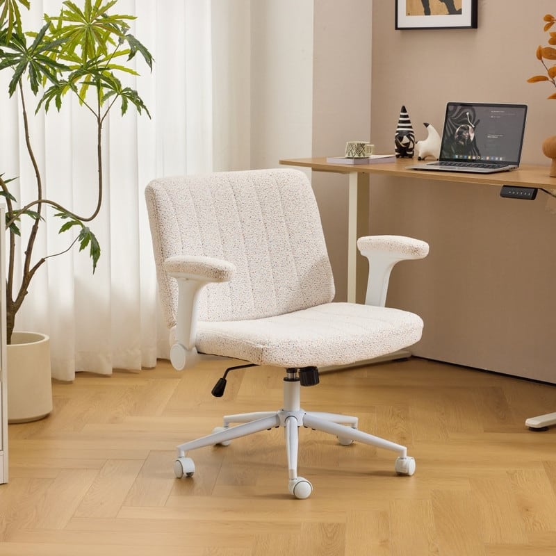 Speckled Chenille Swivel Chair With Flip-Up Arms For Cross-Legged - White