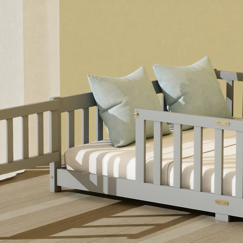 Full Size Rubber Wood Floor Bed with Fence and Door, Montessori Platform Bed with Safety Guardrails for Kids