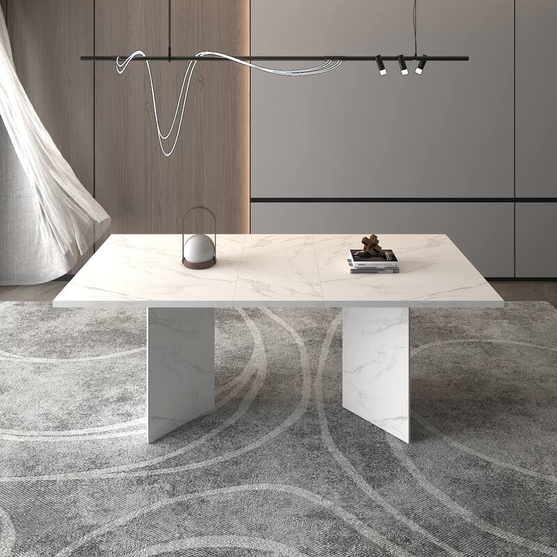 Extendable Dining Table, Wooden Kitchen Table with V-Shaped Legs, Coffee Table with Silent Glide Rails