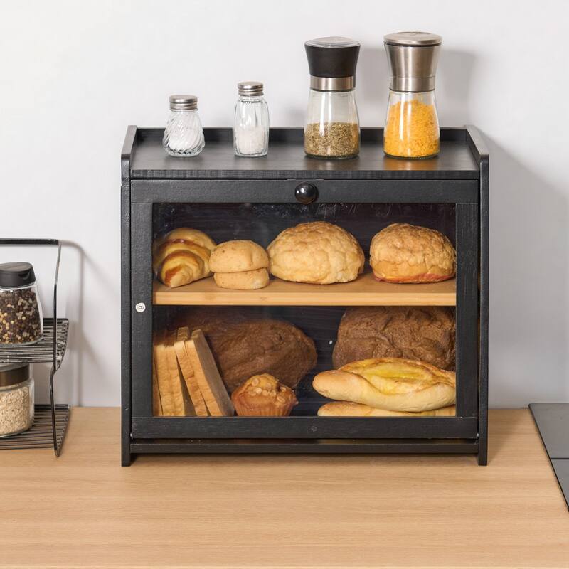 Black Two-Tier Wooden Trapezoid-Shaped Bread Box with Knife and Cutting Board for Kitchen Counter - 15.75” x 9.85” x 13.19”