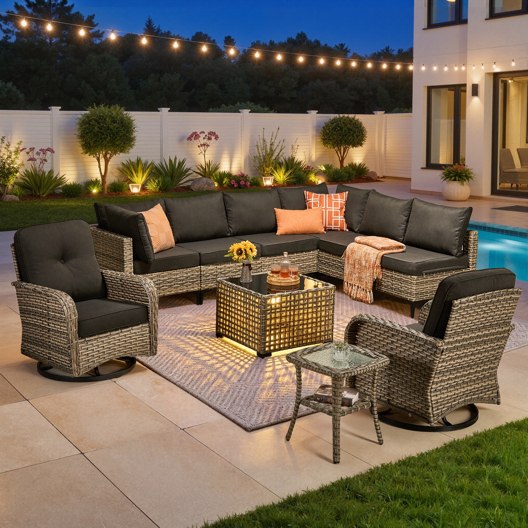 HOOOWOOO 10-piece Patio Wicker Furniture Sectional Set Swivel Rocking Chair Set