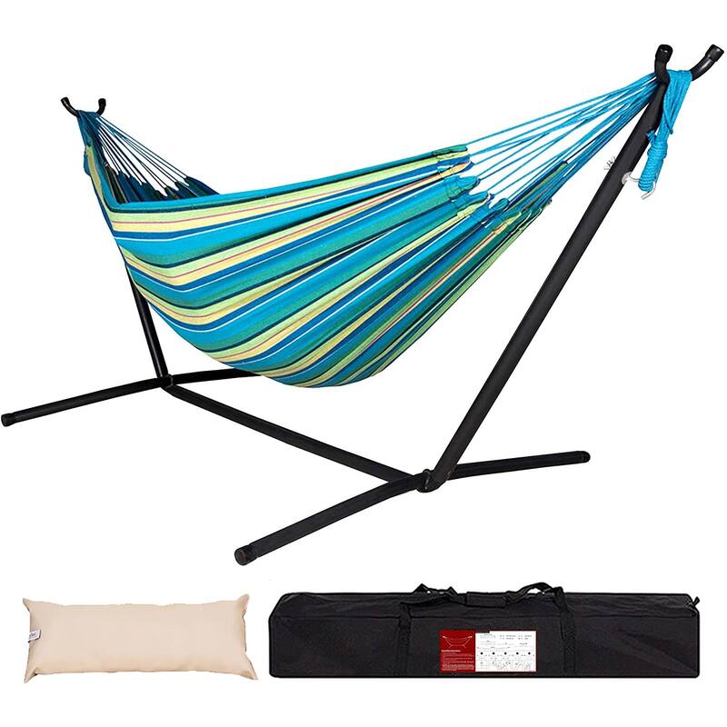 Double Cotton Hammock with Space Saving Steel Stand - Blue&yellow
