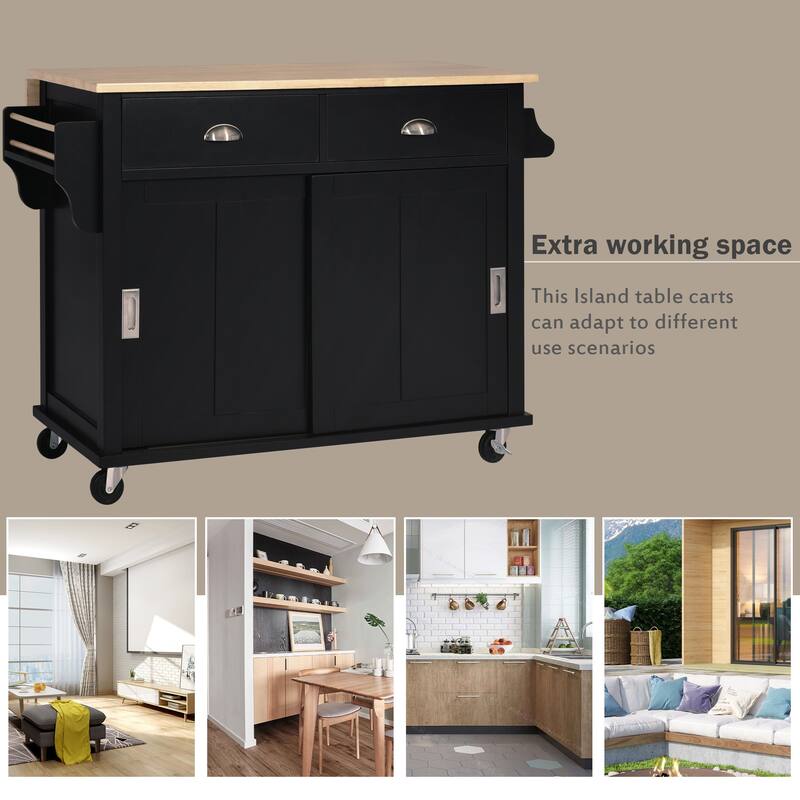 Wooden Kitchen Island with Rubber Drop-Leaf Countertop, Rolling Storage Cabinet wConcealed Sliding Barn Door & Adjustable Height