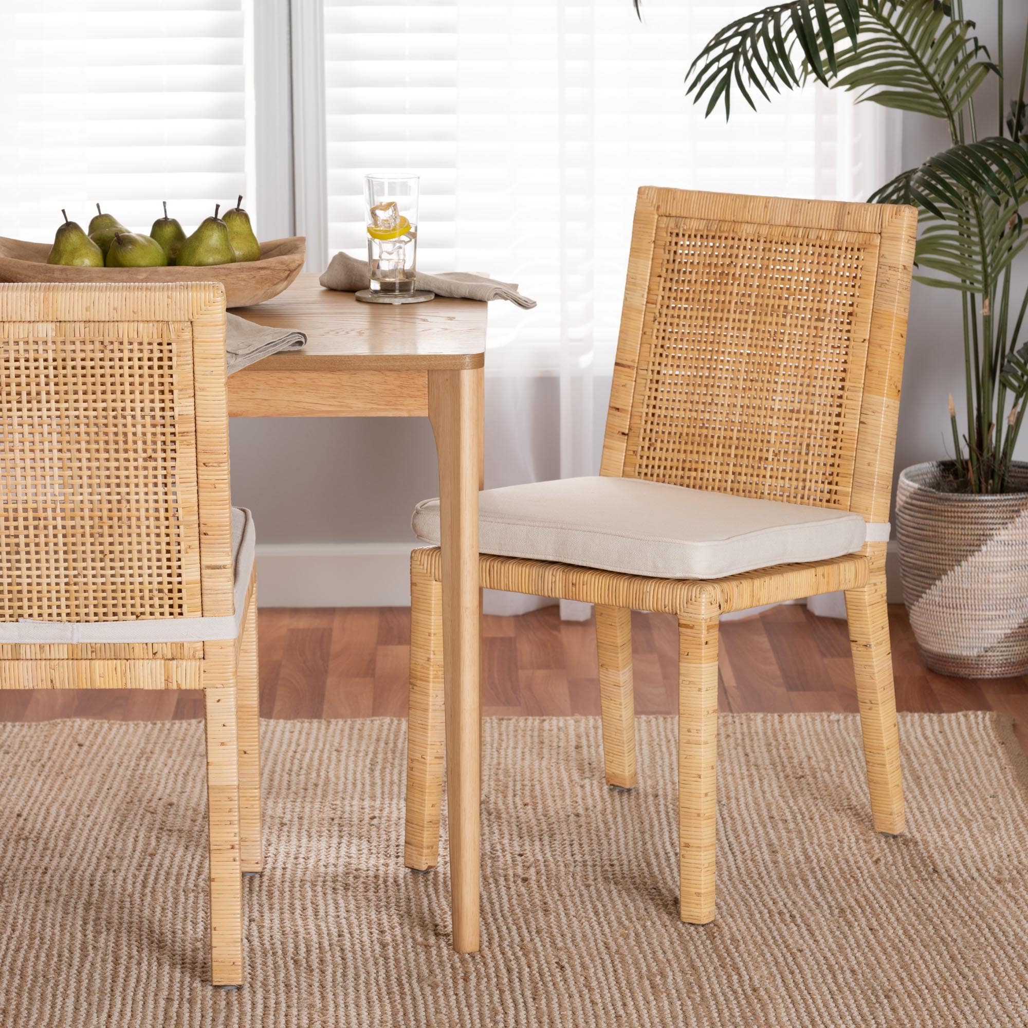 Sofia Rattan Dining Chair with Cushion - Handwoven Wicker Side Chair with Mahogany Wood Frame, Coastal Boho Style Indoor Seating
