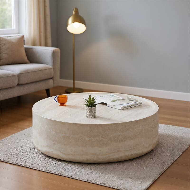 Modern Coffee Tables Tea Faux Travertine Textured Table, No Need Assembly