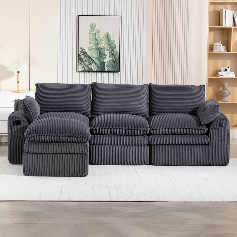 103" L-Shaped Corduroy Boneless Sectional Sofa with Movable Ottoman