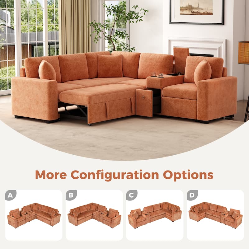 L-Shaped Modular Sectional Sofa with Pull-Out Bed, Chenille Convertible Sleeper Sofa Bed with Cup Holders & Multiple Storage