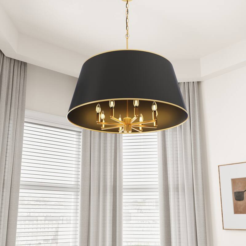 Brushed Gold 8-Light Pendant Light Fixture with Black PVC Lampshade