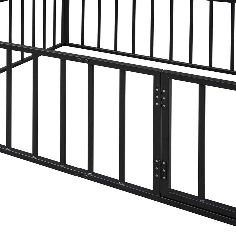 Twin/Full/Queen Size Floor Bed for Kids, Montessori Beds with Rails and Door, Metal Playhouse Bed Frame w/ Fence for Boys Girls