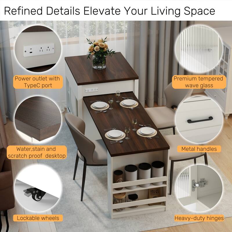 83.1'' Extendable Kitchen Island with Slide Out Table and Storage Racks for 2-6 Person,Kitchen Island with Tempered Glass Doors