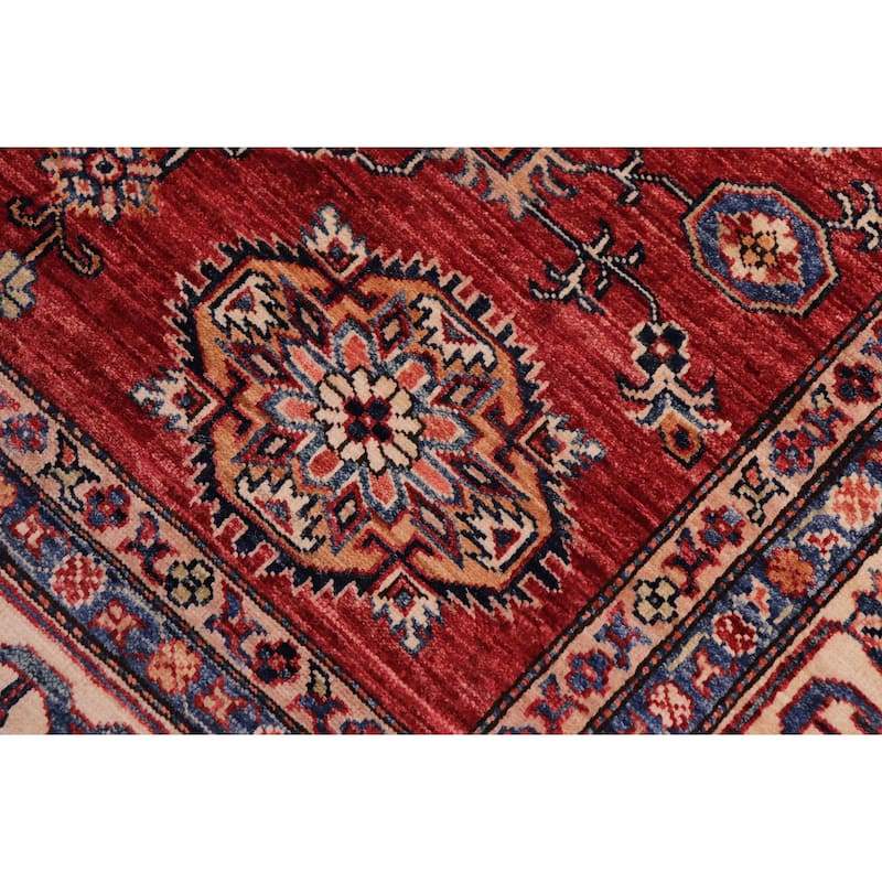 Caucasian Super Kazak Luna Red/Beige Hand Knotted Wool Rug - 5'9'' x 7'9''