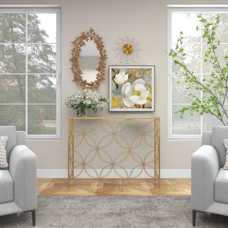 Gold Metal Open Style Quatrefoil Frame Geometric Console Table with Glass Top