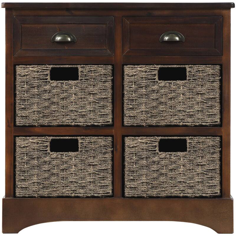 Rustic Storage Cabinet with Two Drawers and Four Classic Rattan Basket