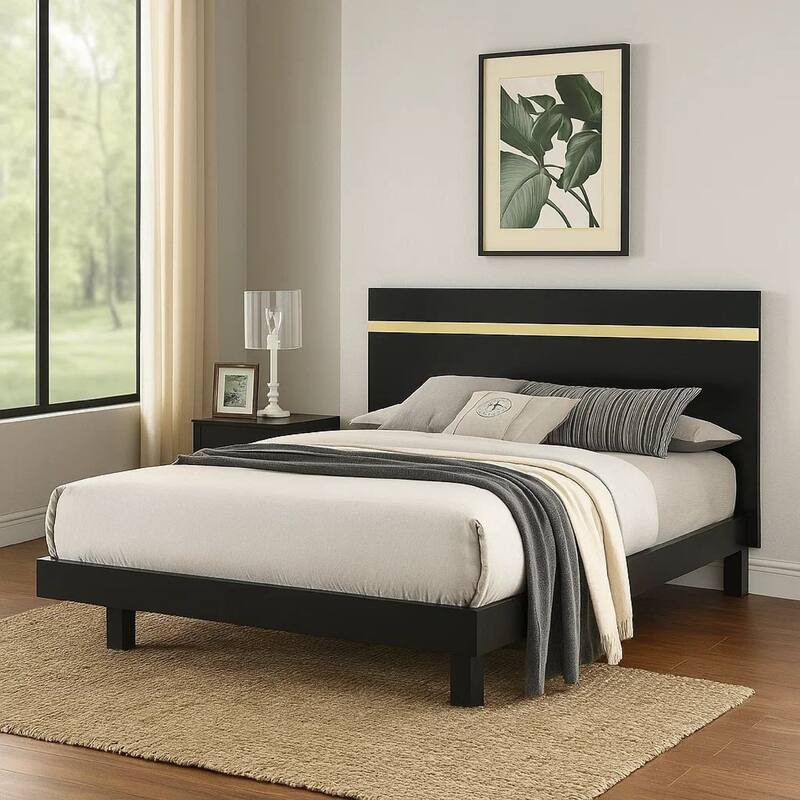 Yoki Queen Size Bed w Underbed LED, Acrylic Gold Trim, Black Frame