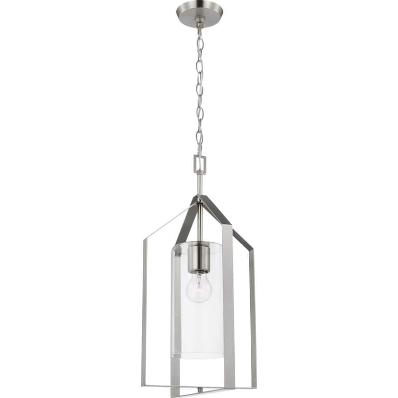 Vertex Collection One-Light Brushed Nickel Clear Glass Contemporary Foyer Light - 12 in x 12 in x 22.5 in