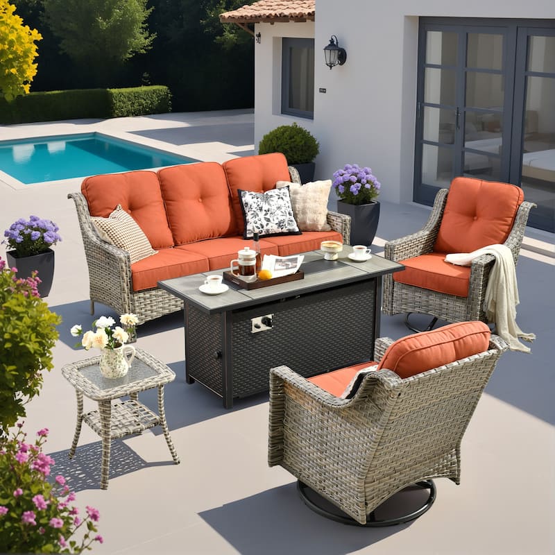 OVIOS 5 Pieces Outdoor Wicker Set with 54" Fire Table