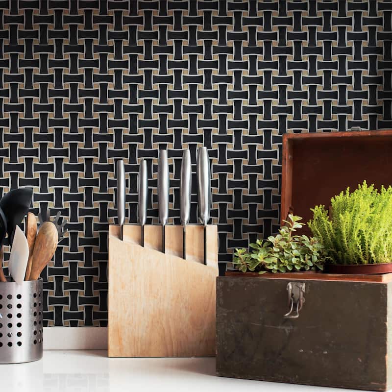 Merola Tile Metro Dog Bone Basketweave Matte Black with Glass Gold Dot 10" x 10" Porcelain Mosaic Wall Tile