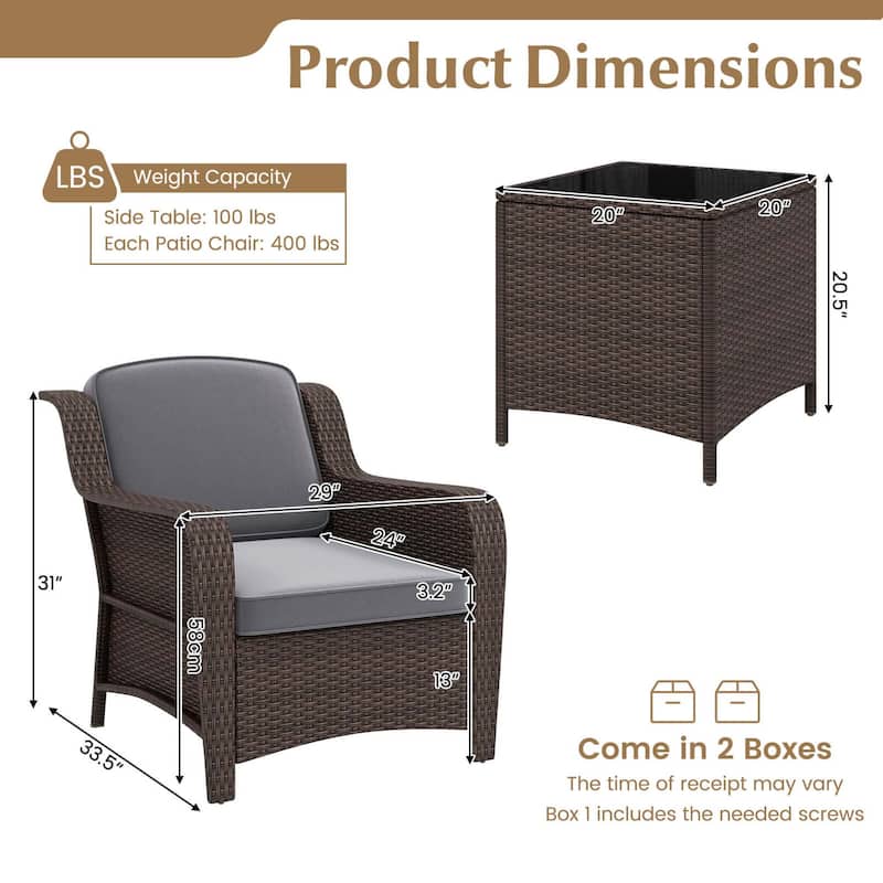 3 PCS Patio Furniture Set Rattan Wicker Outdoor Chairs w/ Coffee Table