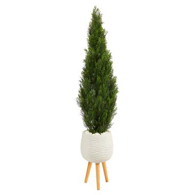 5' Cedar Artificial Tree in White Planter with Stand (Indoor/Outdoor) - 19"